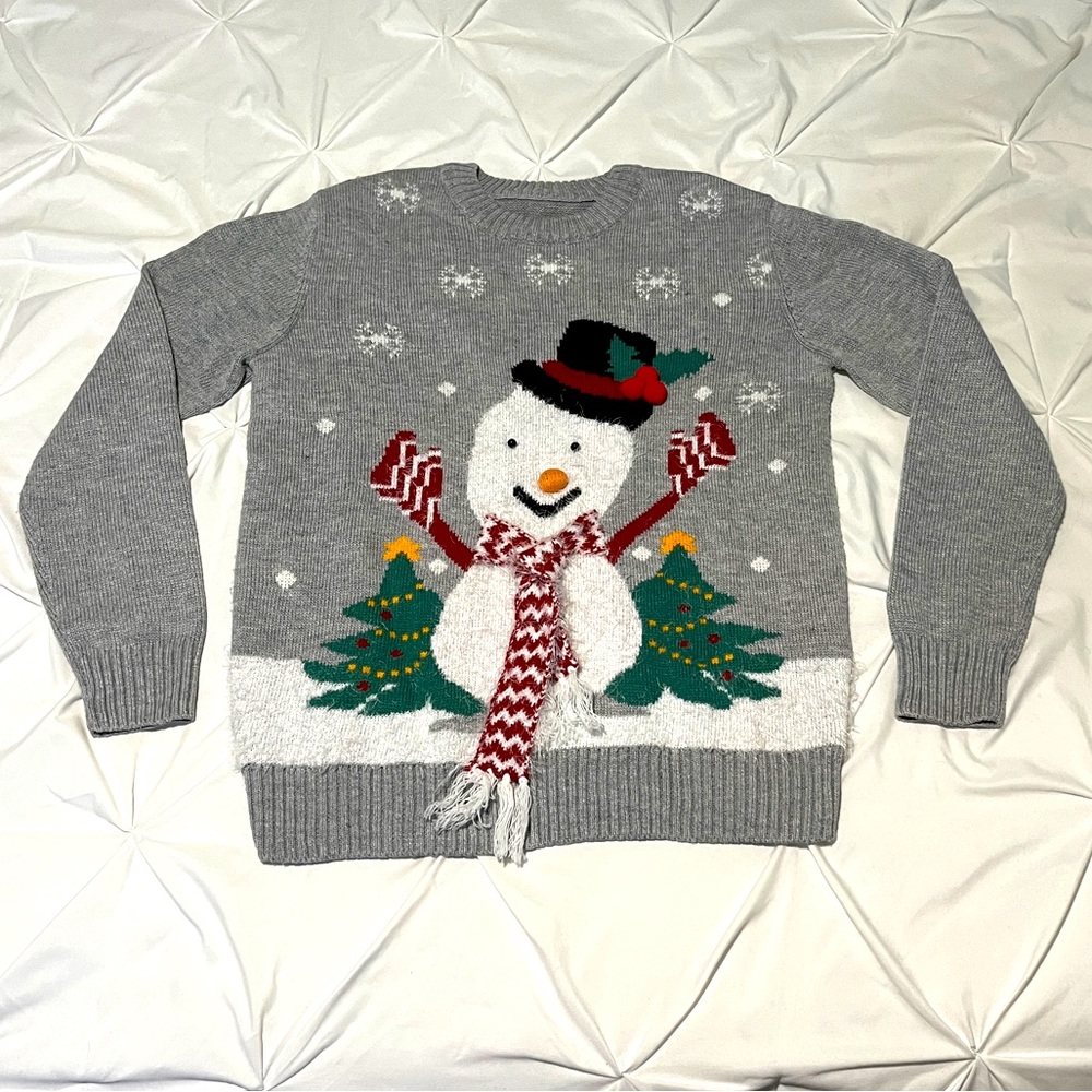 Snowman sweater ☃️ size L unisex 3D scarf & hat details Large gray nice quality